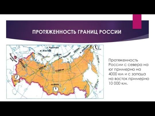 ПРОТЯЖЕННОСТЬ ГРАНИЦ РОССИИ Протяженность России с севера на юг примерно на 4000 км