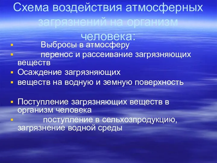 Схема воздействия атмосферных загрязнений на организм человека: Выбросы в атмосферу перенос и рассеивание