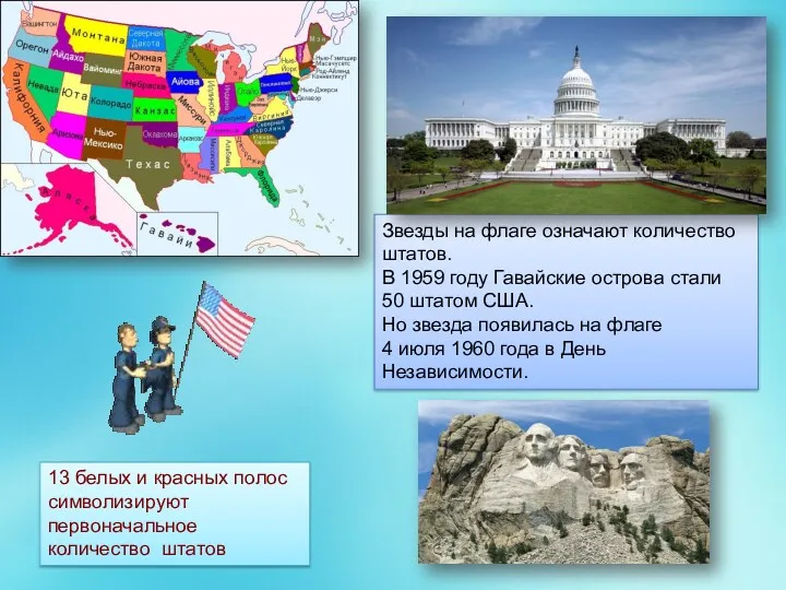 Звезды на флаге означают количество штатов. В 1959 году Гавайские