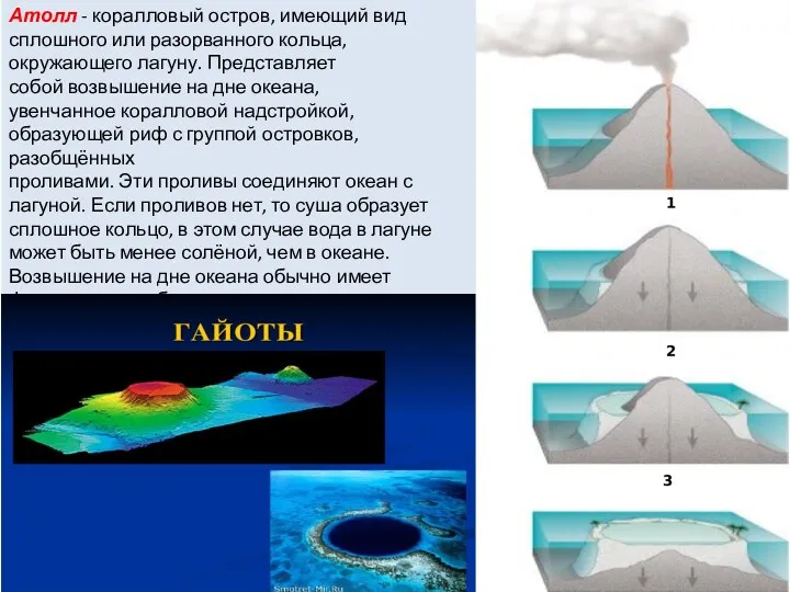 Атолл - коралловый остров, имеющий вид сплошного или разорванного кольца,