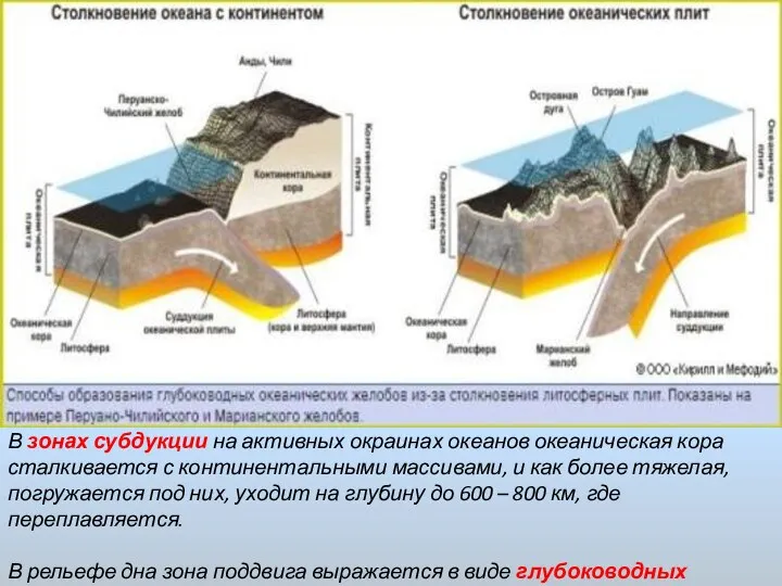 В зонах субдукции на активных окраинах океанов океаническая кора сталкивается