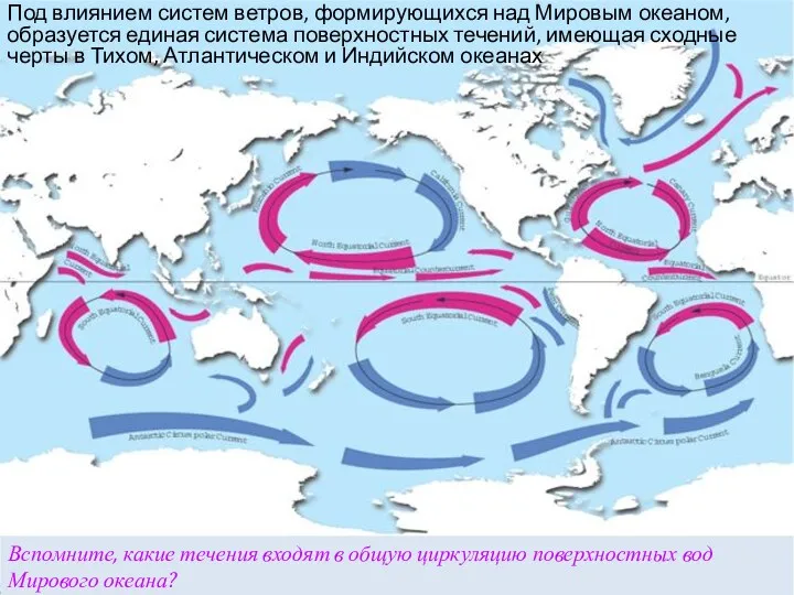 Вспомните, какие течения входят в общую циркуляцию поверхностных вод Мирового