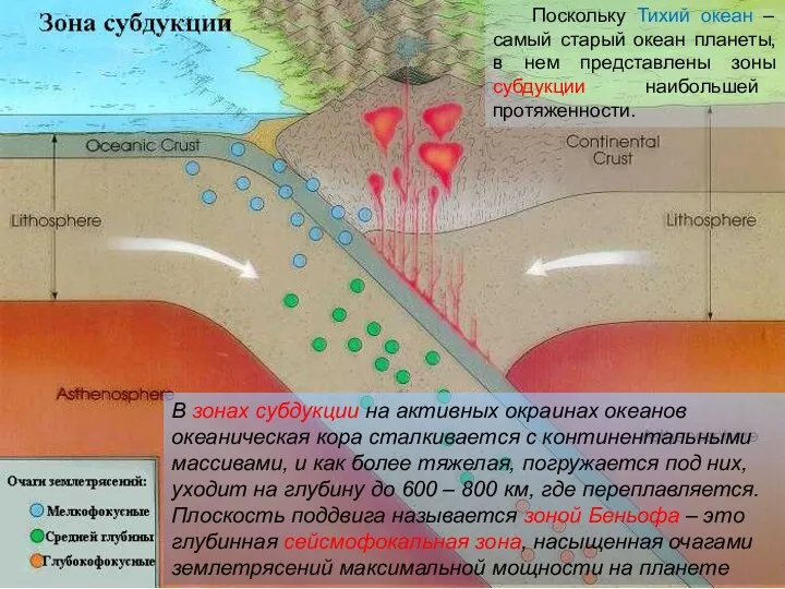 В зонах субдукции на активных окраинах океанов океаническая кора сталкивается