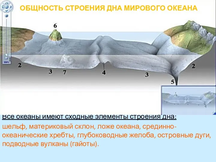 Все океаны имеют сходные элементы строения дна: шельф, материковый склон,