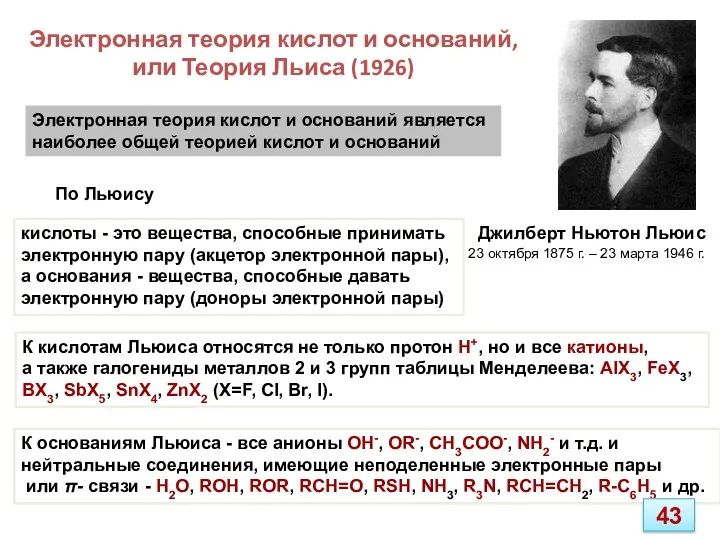 Электронная теория кислот и оснований, или Теория Льиса (1926) Джилберт Ньютон Льюис 23