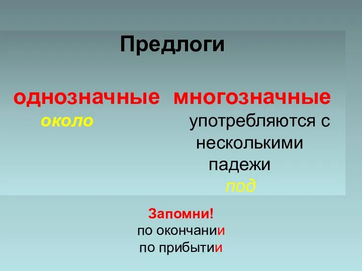 Предлоги однозначные многозначные около употребляются с несколькими падежи под Запомни! по окончании по прибытии