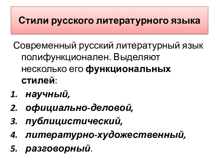 Стили русского литературного языка Современный русский литературный язык полифункционален. Выделяют