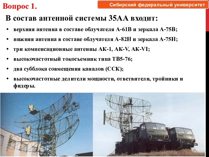 В состав антенной системы 35АА входит: верхняя антенна в составе