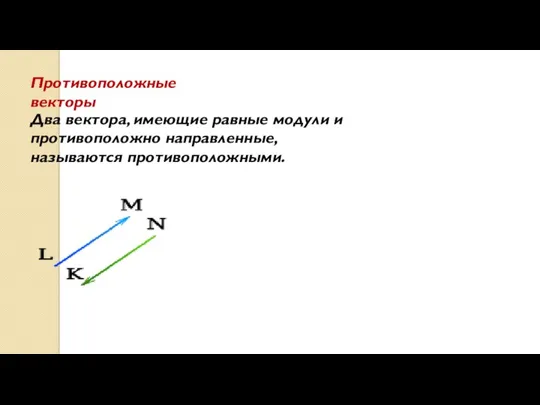 Два вектора, имеющие равные модули и противоположно направленные, называются противоположными. Противоположные векторы