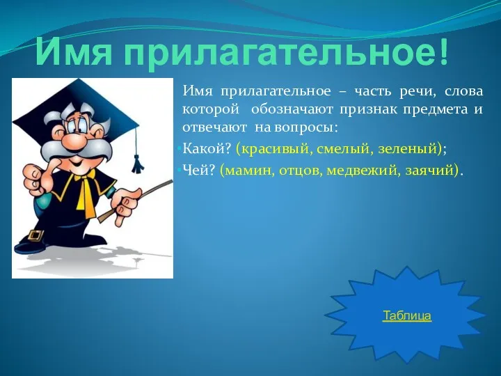 Имя прилагательное! Имя прилагательное – часть речи, слова которой обозначают