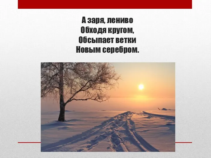 А заря, лениво Обходя кругом, Обсыпает ветки Новым серебром.