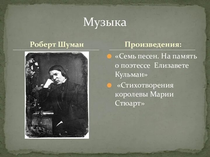 Роберт Шуман Музыка Произведения: «Семь песен. На память о поэтессе Елизавете Кульман» «Стихотворения королевы Марии Стюарт»