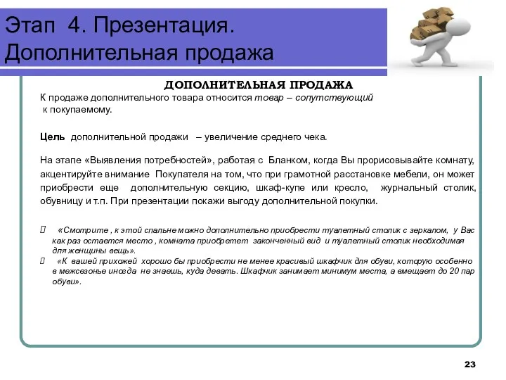 Этап 4. Презентация. Дополнительная продажа ДОПОЛНИТЕЛЬНАЯ ПРОДАЖА К продаже дополнительного товара относится товар