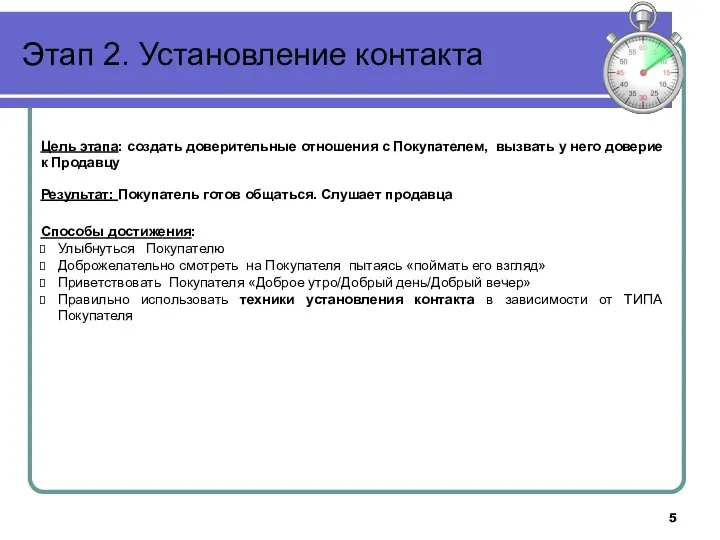 Этап 2. Установление контакта Цель этапа: создать доверительные отношения с