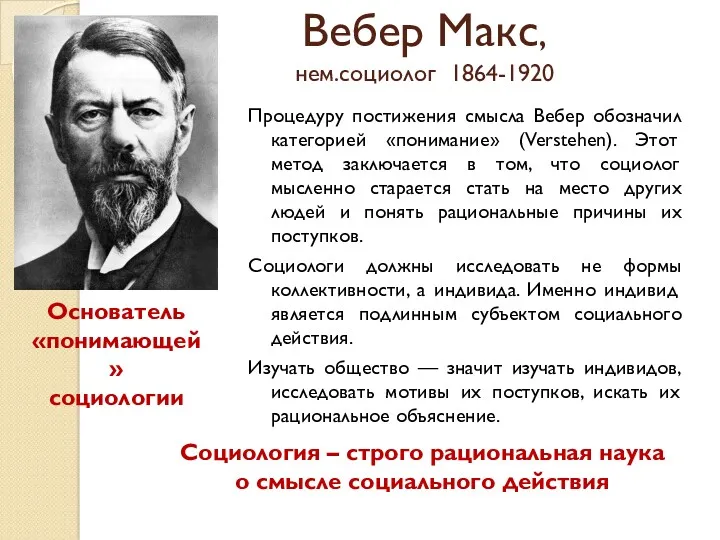 Вебер Макс, нем.социолог 1864-1920 Процедуру постижения смысла Вебер обозначил категорией