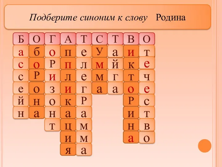 Подберите синоним к слову Родина Б О Г А Т