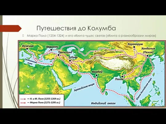 Путешествия до Колумба Марко Поло (1254-1324) и его «Книга чудес света» («Книга о разнообразии мира»)