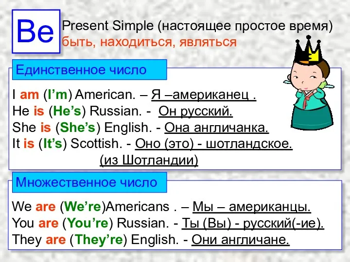 I am (I’m) American. – Я –американец . He is (He’s) Russian. -