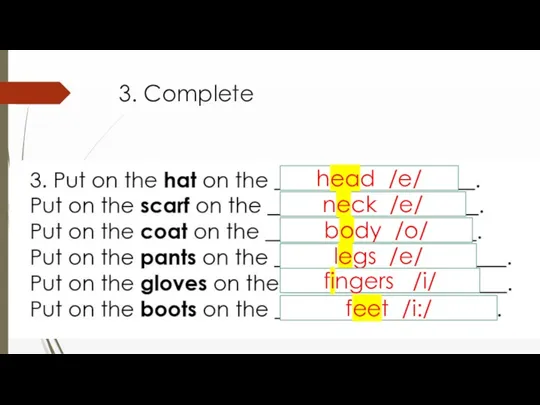 3. Complete head /e/ neck /e/ body /o/ legs /e/ fingers /i/ feet /i:/