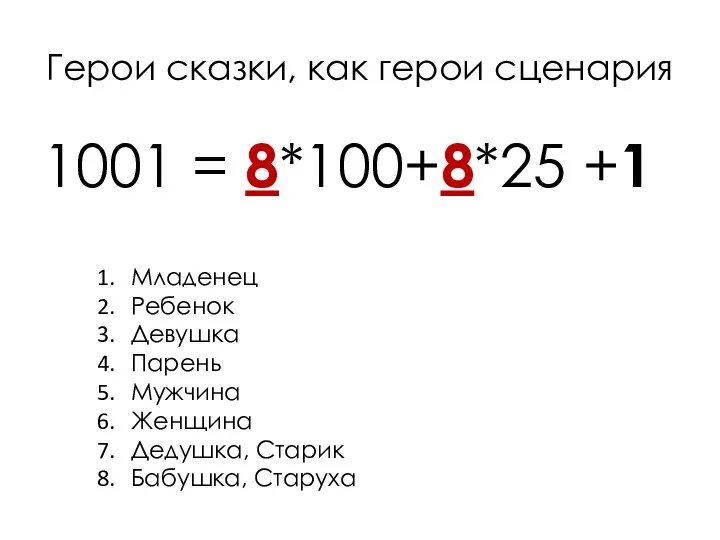 Герои сказки, как герои сценария 1001 = 8*100+8*25 +1 Младенец