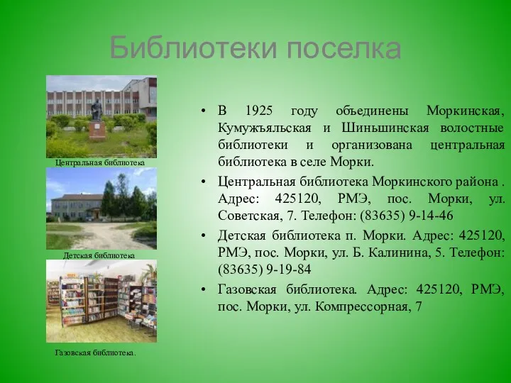 Библиотеки поселка В 1925 году объединены Моркинская, Кумужъяльская и Шиньшинская