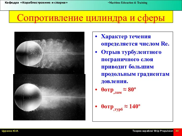 Сопротивление цилиндра и сферы Характер течения определяется числом Re. Отрыв