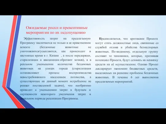 Ожидаемые риски и превентивные мероприятия по их недопущению Эффективность затрат