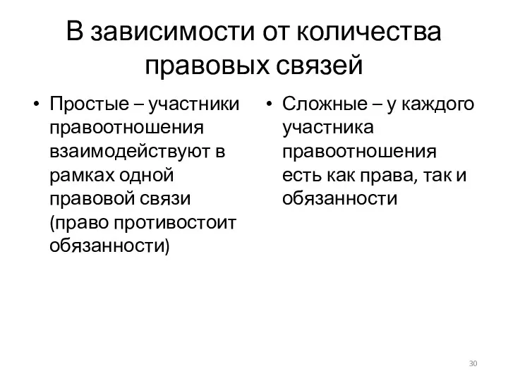 В зависимости от количества правовых связей Простые – участники правоотношения