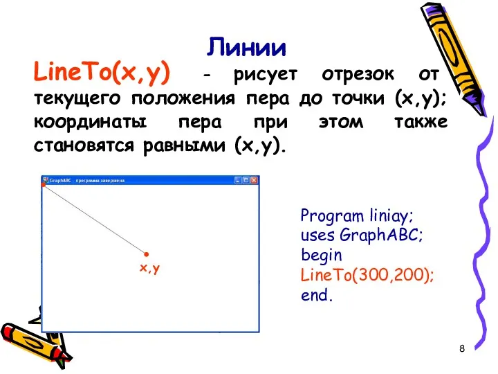 Линии LineTo(x,y) - рисует отрезок от текущего положения пера до