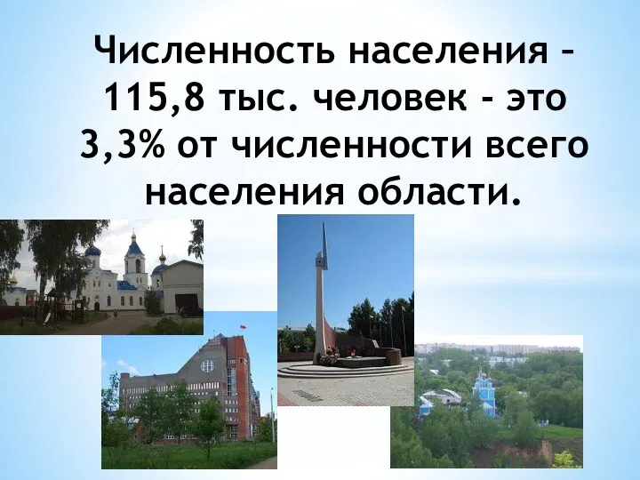 Численность населения – 115,8 тыс. человек - это 3,3% от численности всего населения области.