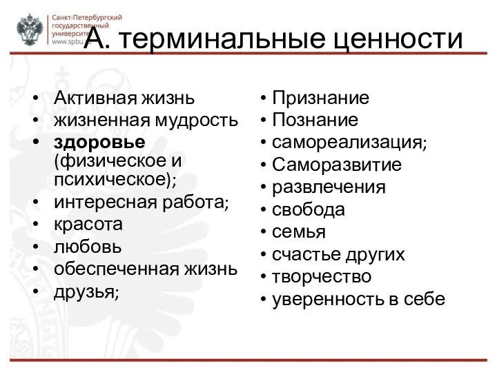 А. терминальные ценности Активная жизнь жизненная мудрость здоровье (физическое и