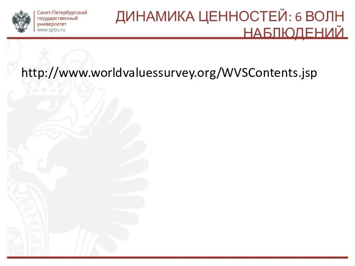 ДИНАМИКА ЦЕННОСТЕЙ: 6 ВОЛН НАБЛЮДЕНИЙ http://www.worldvaluessurvey.org/WVSContents.jsp