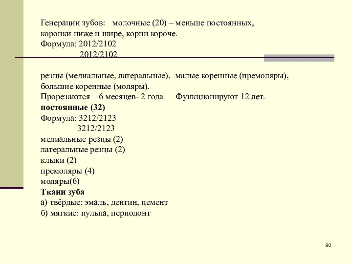 Генерации зубов: молочные (20) – меньше постоянных, коронки ниже и