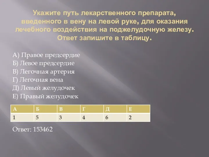 Укажите путь лекарственного препарата, введенного в вену на левой руке,