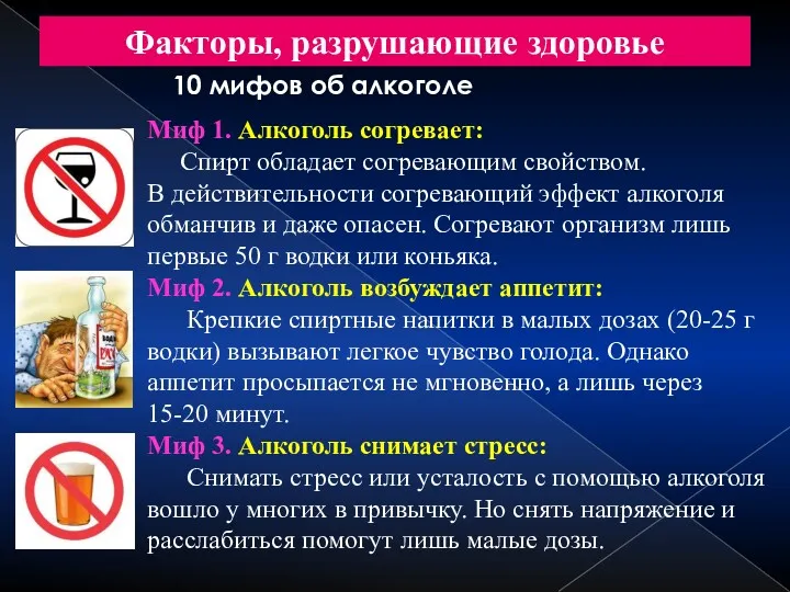 Факторы, разрушающие здоровье 10 мифов об алкоголе Миф 1. Алкоголь