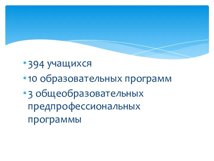 394 учащихся 10 образовательных программ 3 общеобразовательных предпрофессиональных программы