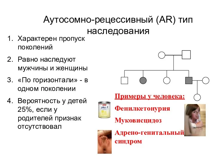 Аутосомно-рецессивный (AR) тип наследования Характерен пропуск поколений Равно наследуют мужчины