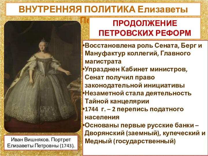ВНУТРЕННЯЯ ПОЛИТИКА Елизаветы Петровны Иван Вишняков. Портрет Елизаветы Петровны (1743).