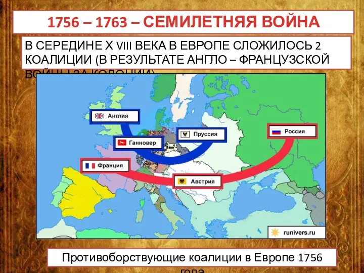 1756 – 1763 – СЕМИЛЕТНЯЯ ВОЙНА В СЕРЕДИНЕ Х VIII