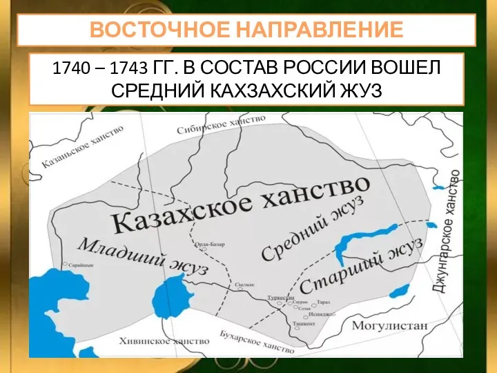 ВОСТОЧНОЕ НАПРАВЛЕНИЕ 1740 – 1743 ГГ. В СОСТАВ РОССИИ ВОШЕЛ СРЕДНИЙ КАХЗАХСКИЙ ЖУЗ