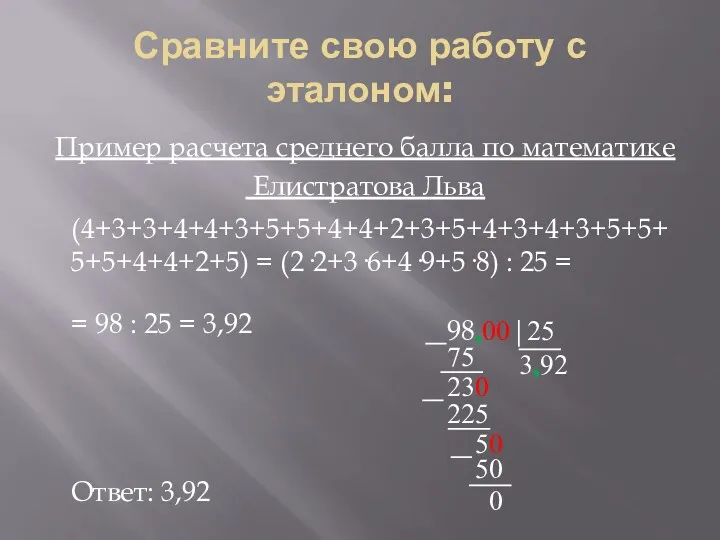 Сравните свою работу с эталоном: Пример расчета среднего балла по математике Елистратова Льва