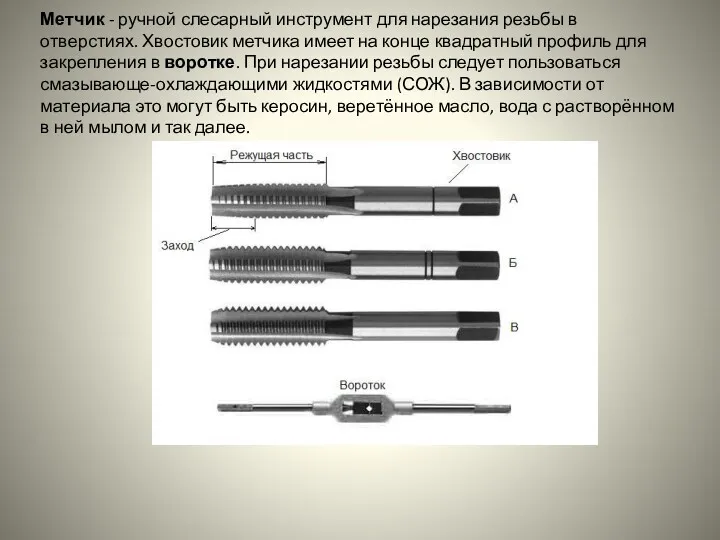 Метчик - ручной слесарный инструмент для нарезания резьбы в отверстиях.