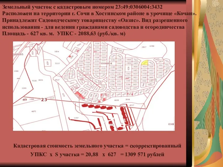 Земельный участок с кадастровым номером 23:49:0306004:3432 Расположен на территории г. Сочи в Хостинском
