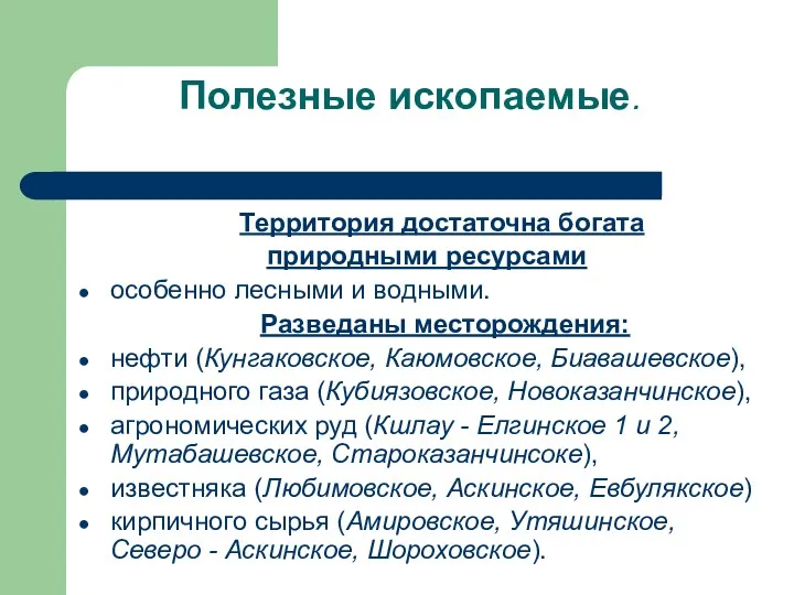 Полезные ископаемые. Территория достаточна богата природными ресурсами особенно лесными и