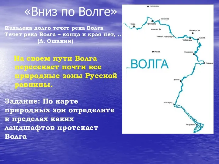 «Вниз по Волге» На своем пути Волга пересекает почти все