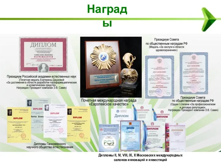 Награды Дипломы II, IV, VIII, IX, X Московских международных салонов инноваций и инвестиций