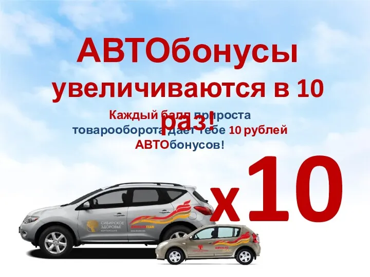 Каждый балл прироста товарооборота дает тебе 10 рублей АВТОбонусов! АВТОбонусы увеличиваются в 10 раз! x10