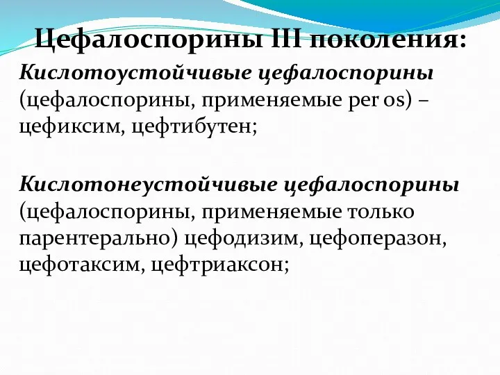 Цефалоспорины III поколения: Кислотоустойчивые цефалоспорины (цефалоспорины, применяемые per os) –