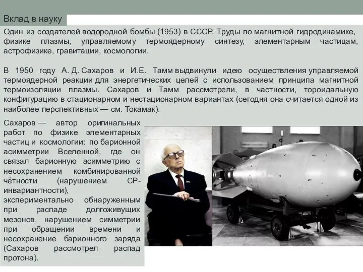 Один из создателей водородной бомбы (1953) в СССР. Труды по