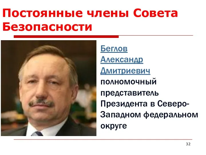 Постоянные члены Совета Безопасности Беглов Александр Дмитриевич полномочный представитель Президента в Северо-Западном федеральном округе